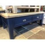 Harrogate extra large coffee table with 2 drawers. Painted blue with oak top. Ex display