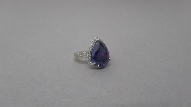 An 18ct white gold Uruguayan pear shape amethyst and diamond ring with diamond shoulders -