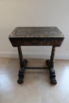 A 19th century chinoiserie lacquered work table with tapered legs and hairy paw feet - Height 78cm x