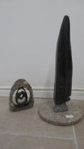 A Zimbabwean Shona Peridotite hardstone carving 'Triplet' approx 50cm - together with a smaller