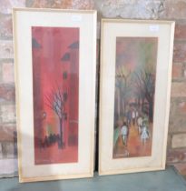 Two framed and glazed Gouache scenes, signed, frames approx 60cm x 18cm