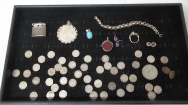 Silver items to include GB coins, Maria Theresa Thaler, cigarette lighter, fob, ring etc