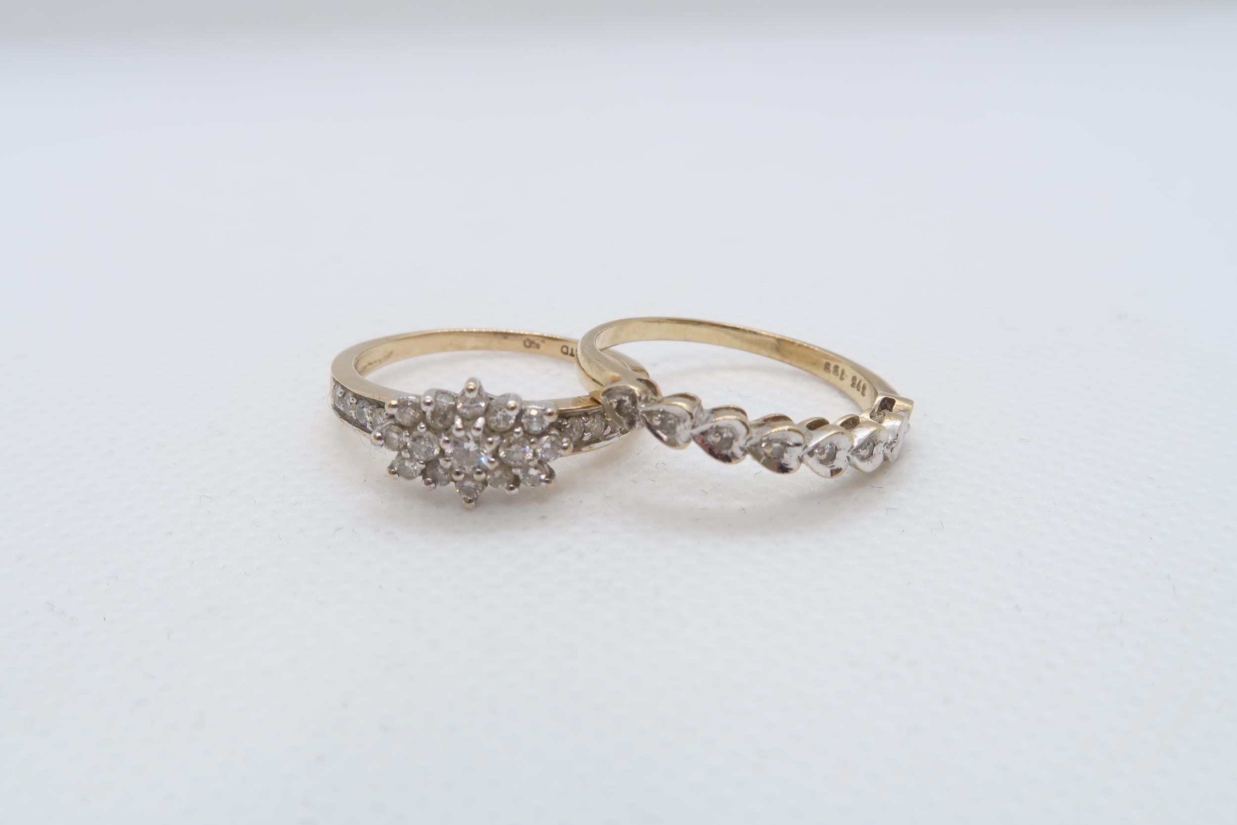 Two 9ct yellow gold (hallmarked) and diamond rings sizes P/Q & P - total weight approx 4.2 grams