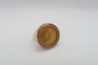 A 1908 half sovereign mounted as a ring in 9ct (hallmarked) yellow gold - approx weight 9.1 grams