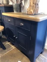 Harrogate 2 door 2 drawer sideboard. Painted blue with oak top. Ex display Double Cabinet with