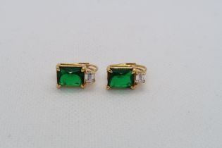 A pair of gold plated silver dress earrings with green and white stones - approx weight 1.5cm