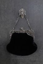 An Edwardian Art-nouveau silver framed ladies velvet evening bag, hallmarked Birmingham 1904