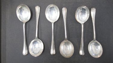 A set of six silver (hallmarked) rat tail soup spoons, Atkin Brothers, Sheffield 1937 - 19cm