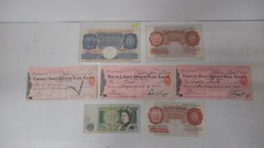 GB banknotes inc: K.O. Peppiatt 10 shillings plus 1 pound and Edwardian cheques