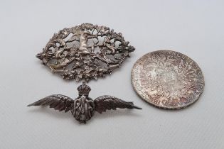 A silver RAF Sweetheart brooch, 6cm, with another silver brooch, 6cm and a Maria Theresa silver