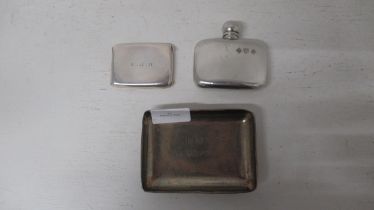 A silver pin tray and card case together with a polished pewter flask