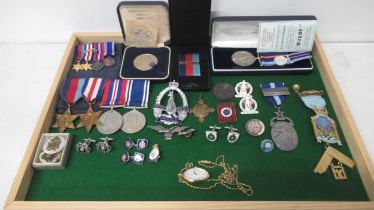 Assorted medals, Insignia, badges etc including WW2 and Masonic silver gilt medal