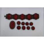 A suite of Chinese cinnabar lacquer jeweller on copper buttons, bracelet and brooch