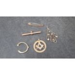 9ct gold (hallmarked) to include a masonic pendant, T bar for watch chain, a pendant with garnet -