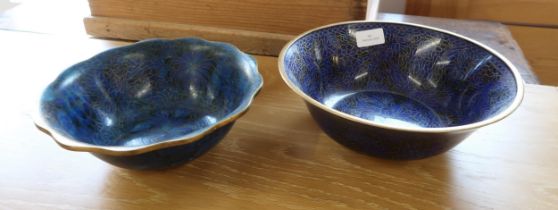 Two blue cloisonne enamel bowls - good overall condition - 25.5cm and 23cm diameter