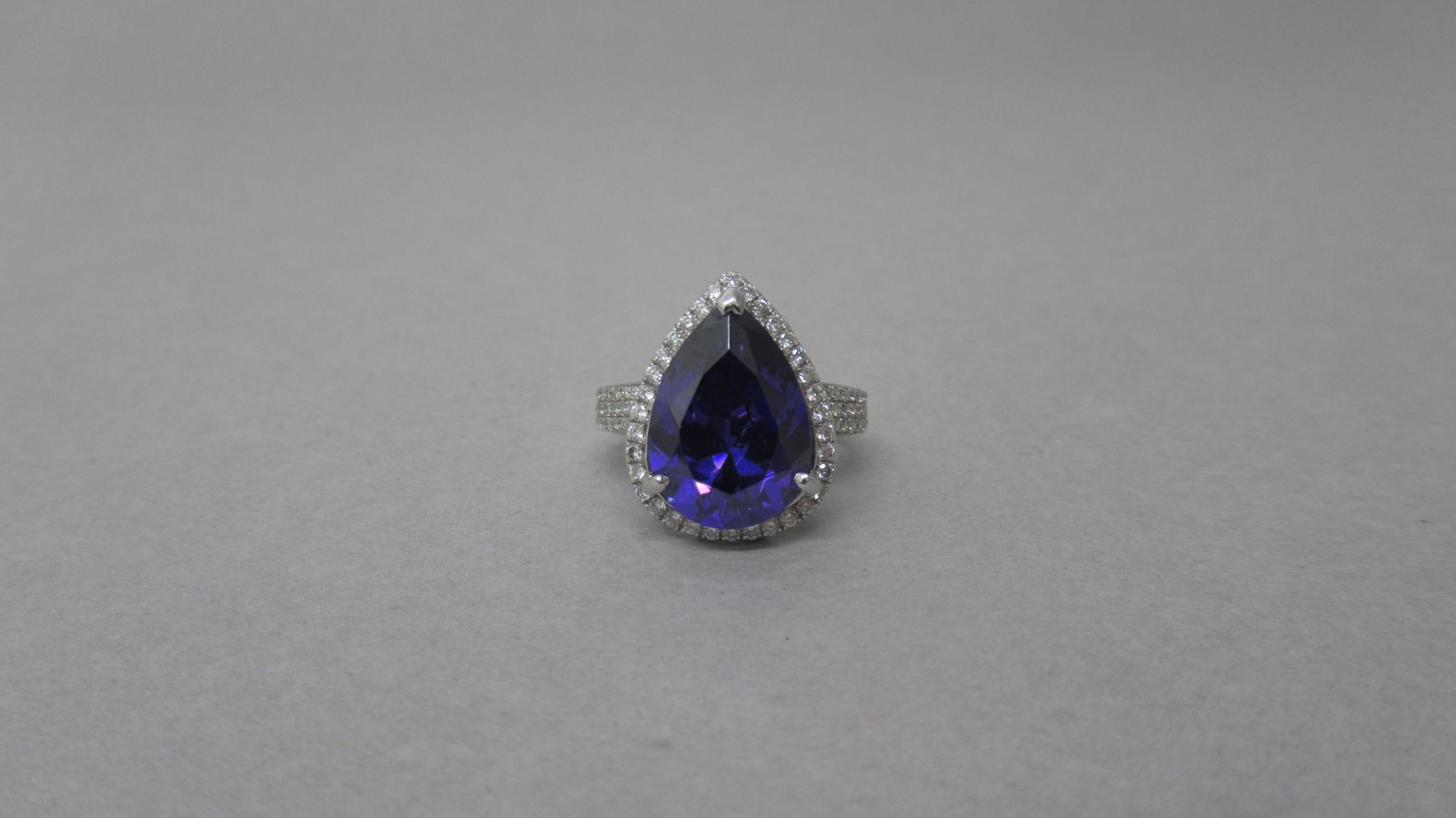 An 18ct white gold Uruguayan pear shape amethyst and diamond ring with diamond shoulders - - Image 2 of 4