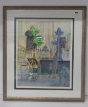 A framed and glazed watercolour of a street scene, signed - 49cm x 39cm