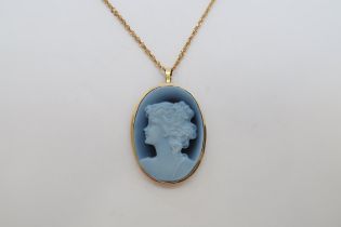 An 18ct yellow gold Onyx cameo pendant/brooch on a 9ct chain - cameo approx 33mm x 25mm, chain