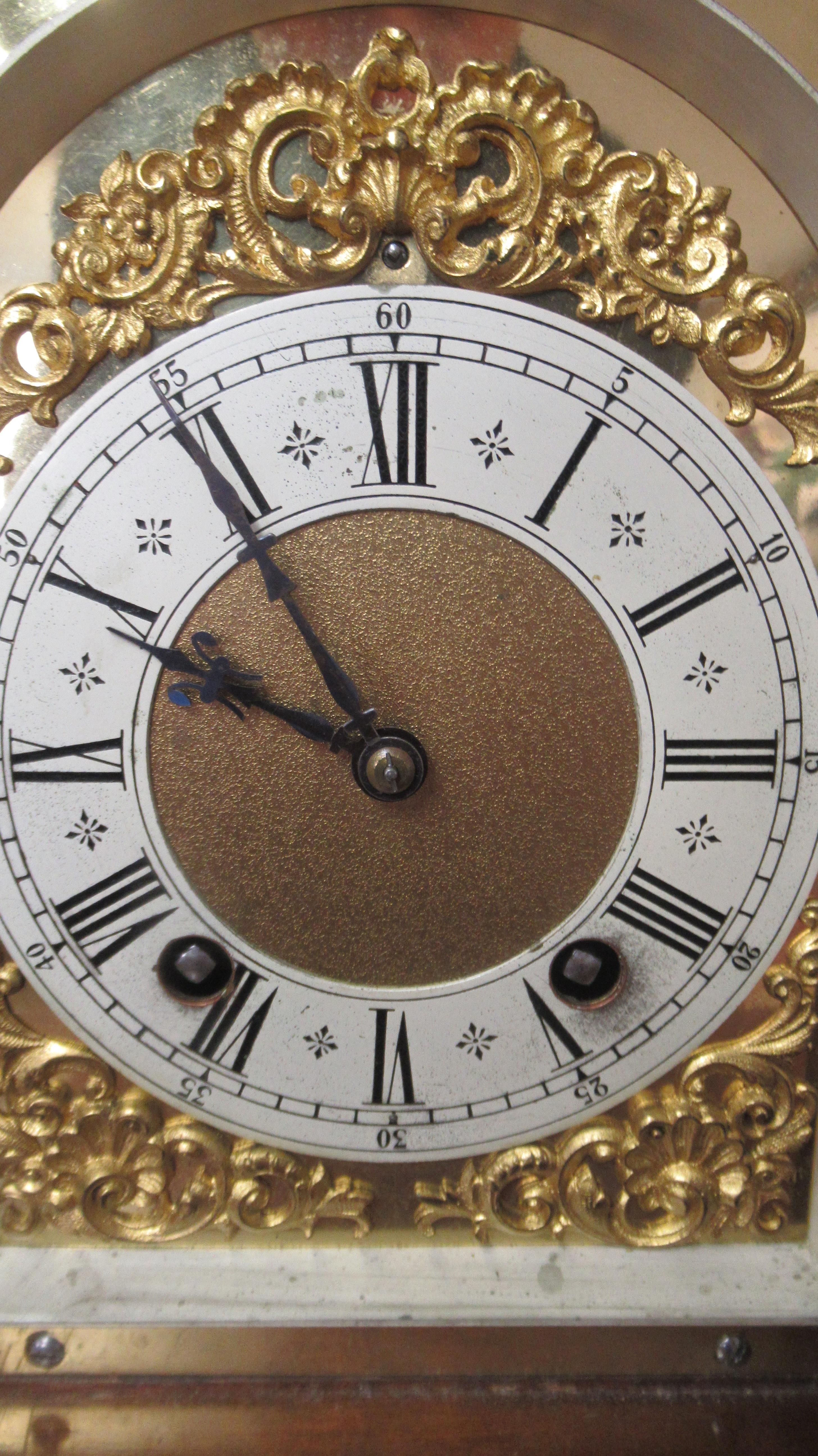 A Lenzkirch mahogany architectural 8 day mantel clock with brass dial on four brass feet with - Image 2 of 5