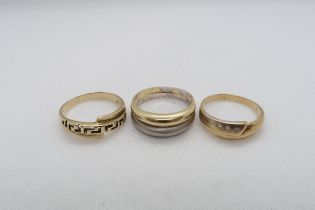 Three 14ct (hallmarked) rings sizes P & Q/R - total weight approx 10.3 grams