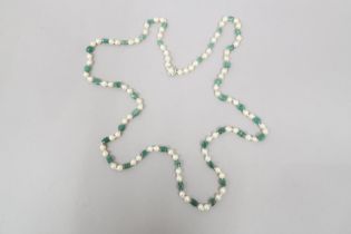 A Baroque pearl and jade necklace with a 14ct white gold and pearl clasp, pearls approx 8mm diameter