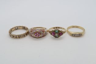 Four gold rings; 1x 18ct, 2 x 9ct, 1 x 12ct