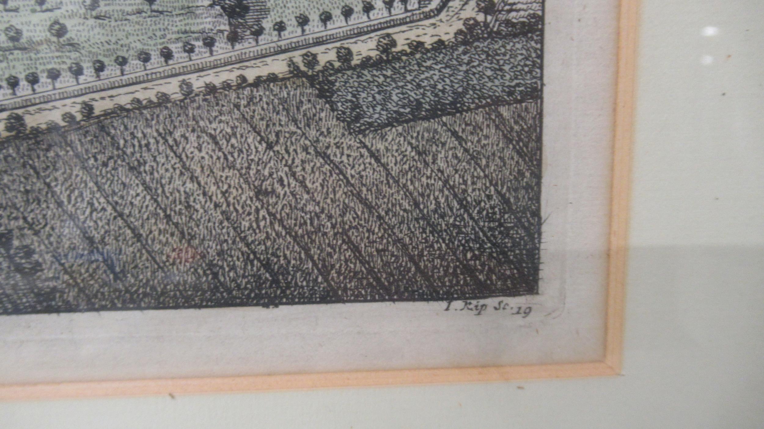 An 18th century hand coloured engraving by Johannes Kip after L-Knuff; 'Wresthouse and park in ye - Image 3 of 3