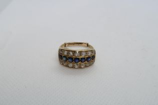 A late Victorian yellow gold diamond and sapphire triple row ring, old cut stones - ring size S -