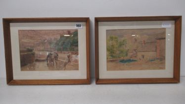 T. Hodson - A pair of watercolours of village scenes - signed and dated 1895 - 24cm x 17cm -