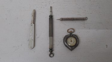 An S. Mordan & Co extending pencil with a silver extending tooth pick, a Mother of Pearl and