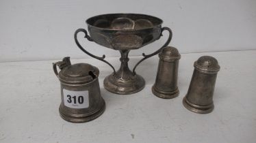 A silver trophy and three piece condiment set - silver weight approx 10.2 troy oz