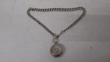 A silver sovereign case on silver Albert chain - chain 35cm, case 3cm - approx weight 2.2 troy oz