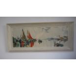 George Deakins - Oil on board - Ships in Harbour, framed - 82cm x 30cm