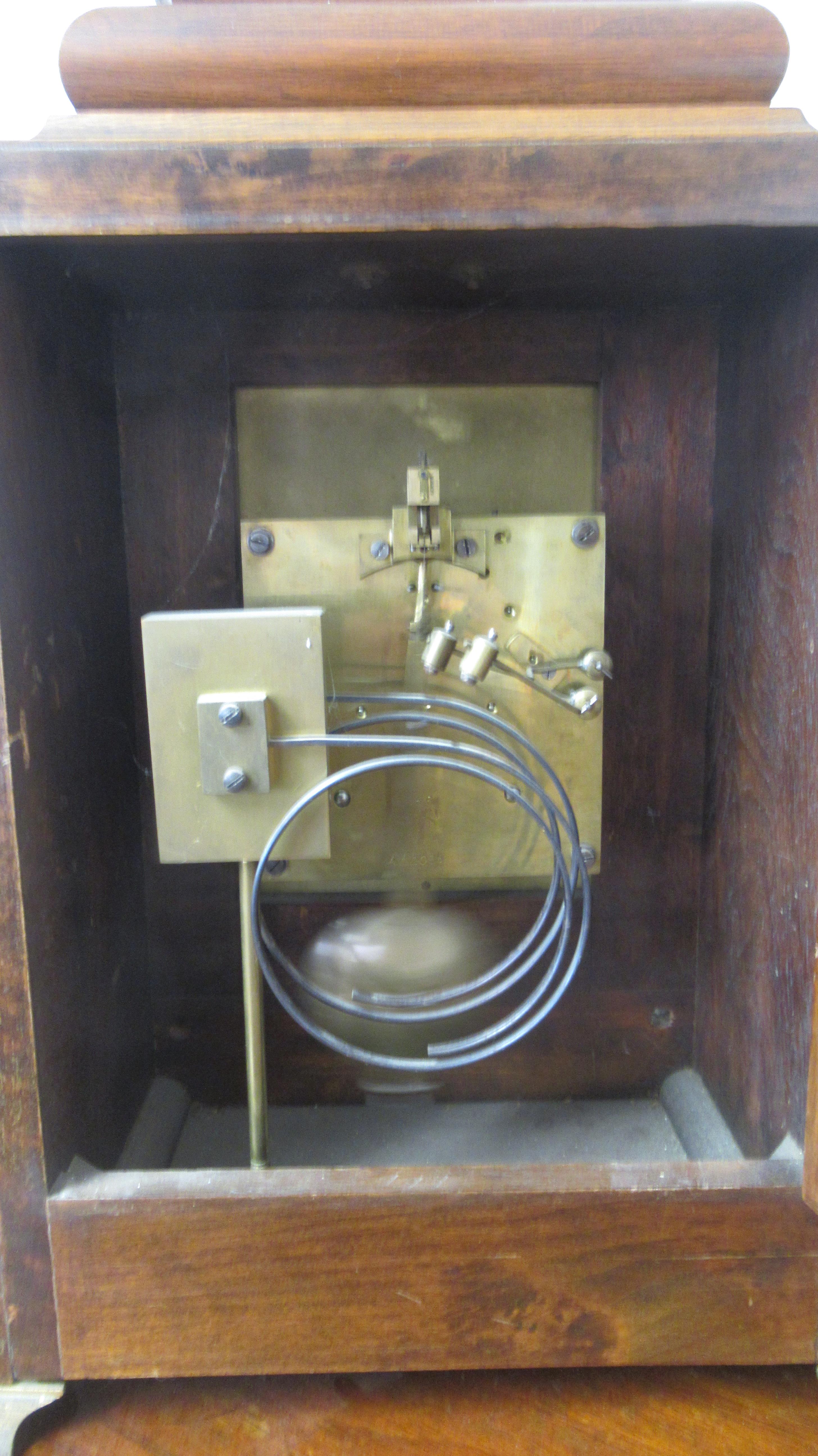 A Lenzkirch mahogany architectural 8 day mantel clock with brass dial on four brass feet with - Image 4 of 5