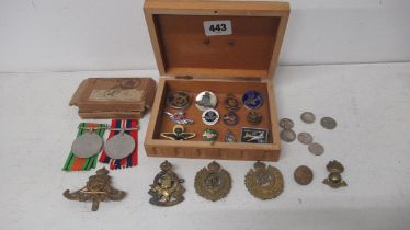 A WW2 Medal pair: War and Defence, together with assorted Insignia, cap badges etc