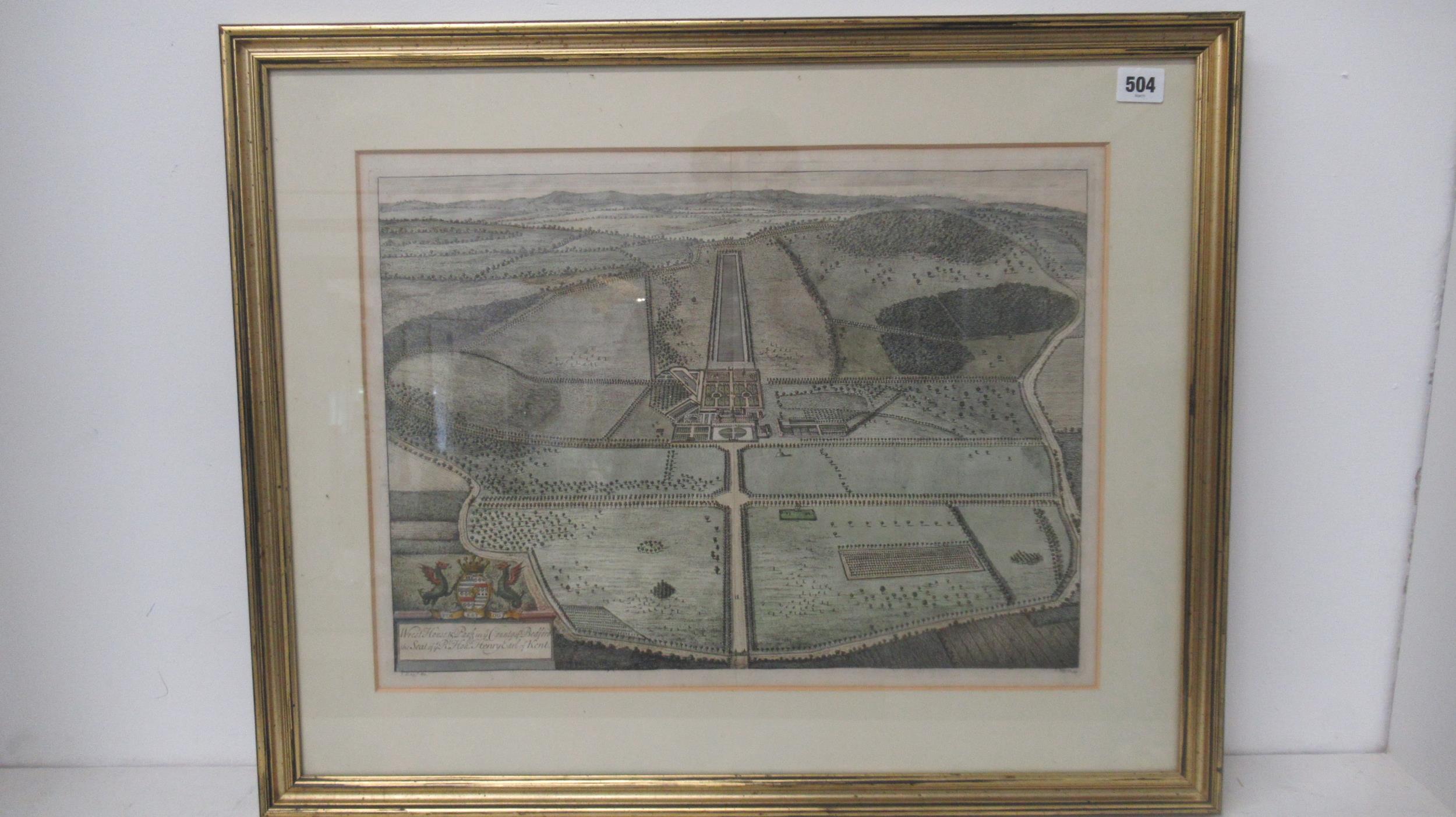 An 18th century hand coloured engraving by Johannes Kip after L-Knuff; 'Wresthouse and park in ye