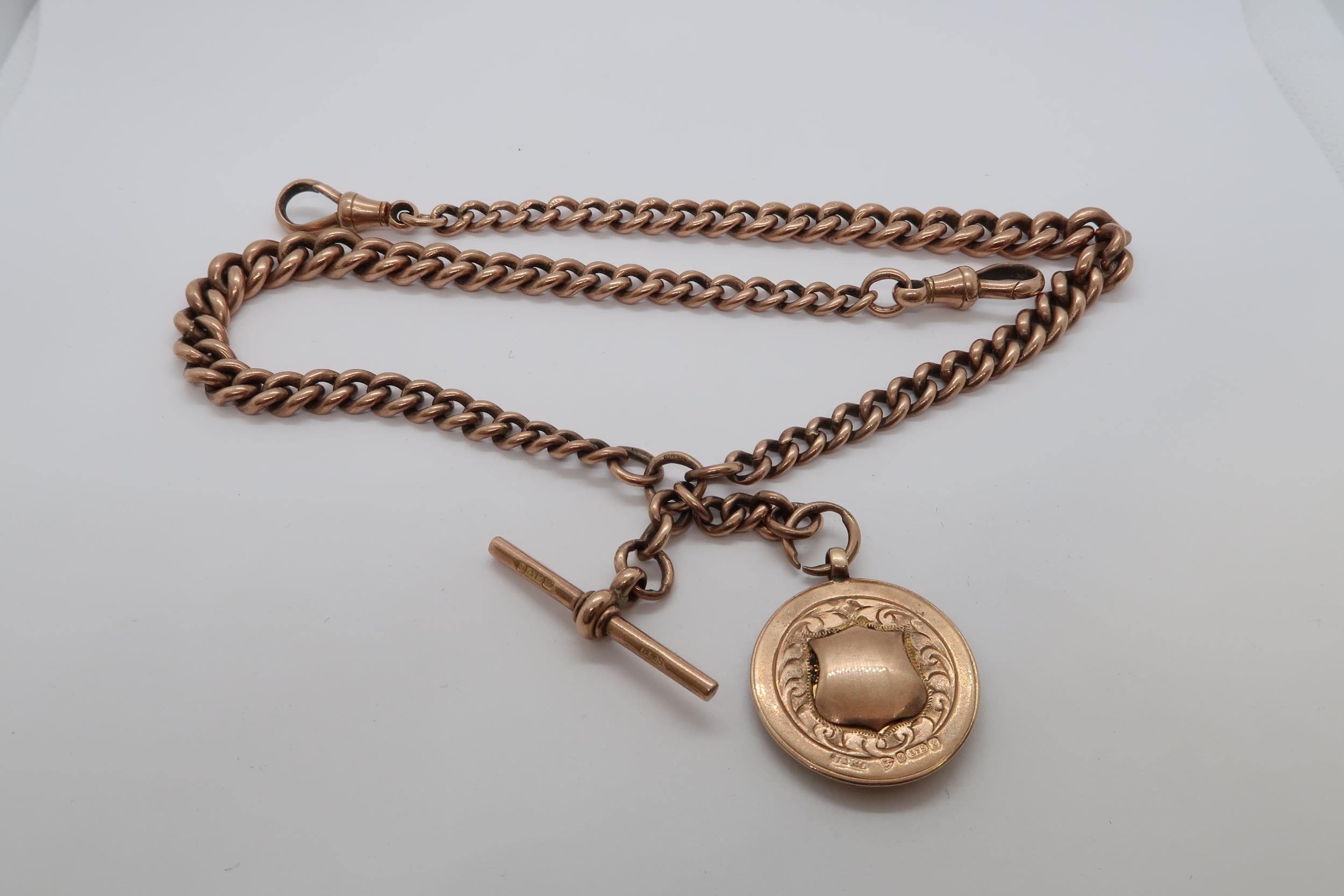 A 9ct rose gold fully hallmarked Albert watch chain with T-bar and fob - Approx 40cm - weight approx