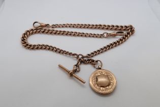 A 9ct rose gold fully hallmarked Albert watch chain with T-bar and fob - Approx 40cm - weight approx