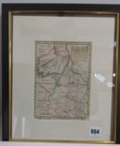 A framed 1744 map of Cambridgeshire by John Cowley - frame size 13inch x 11inch, picture size