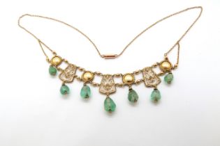 A fine Victorian/Edwardian 15ct (hallmarked) yellow gold and cabochon emerald fringe necklace
