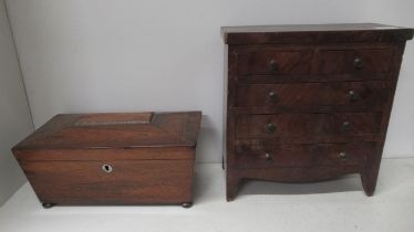 A 19th century miniature chest of drawers - 30cm x 28cm and a 19th century tea caddy