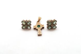 A 9ct yellow gold hallmarked and emerald celtic cross pendant, 2cm excluding the ring, and a pair of