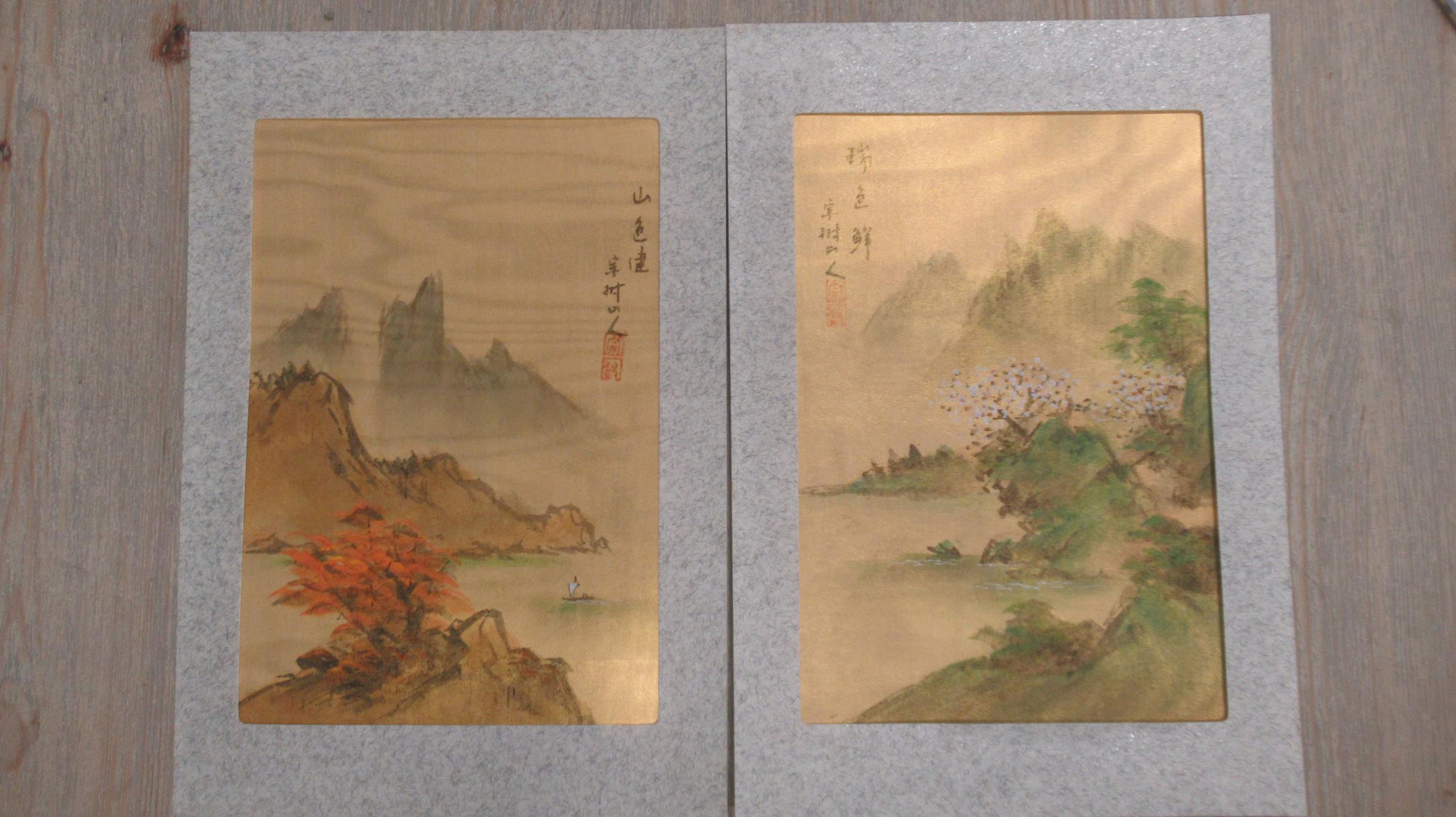 A pair of modern Japanese watercolour/gouache landscapes on silk - signed - 30cm x 20cm