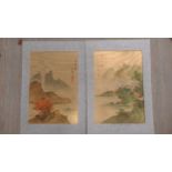 A pair of modern Japanese watercolour/gouache landscapes on silk - signed - 30cm x 20cm