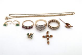 9ct jewellery: hallmarked diamond cluster ring, ruby ring, emerald earrings, cross pendant, wishbone