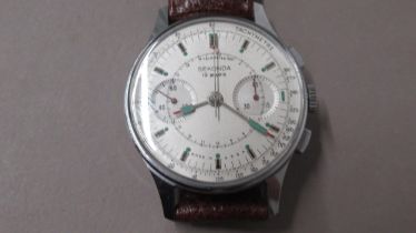 SEKONDA. 1970's tachymetre. White dial sub secs and minute register. 35mm. Notchy. Brown leather