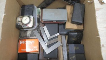 Assorted dial gauges including Mercer & Mitutoyo, plus various set squares