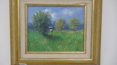 An oil on canvas of a lady in a meadow signed P Marchal 96 - 42cm x 38cm