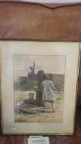 A watercolour by WMM Mackenzie dated 1833 of a young girl collecting water from the well - 50cm x