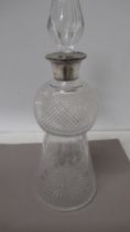 An Edwardian silver mounted cut glass and etched thistle shaped decanter and stopper - London 1906 -